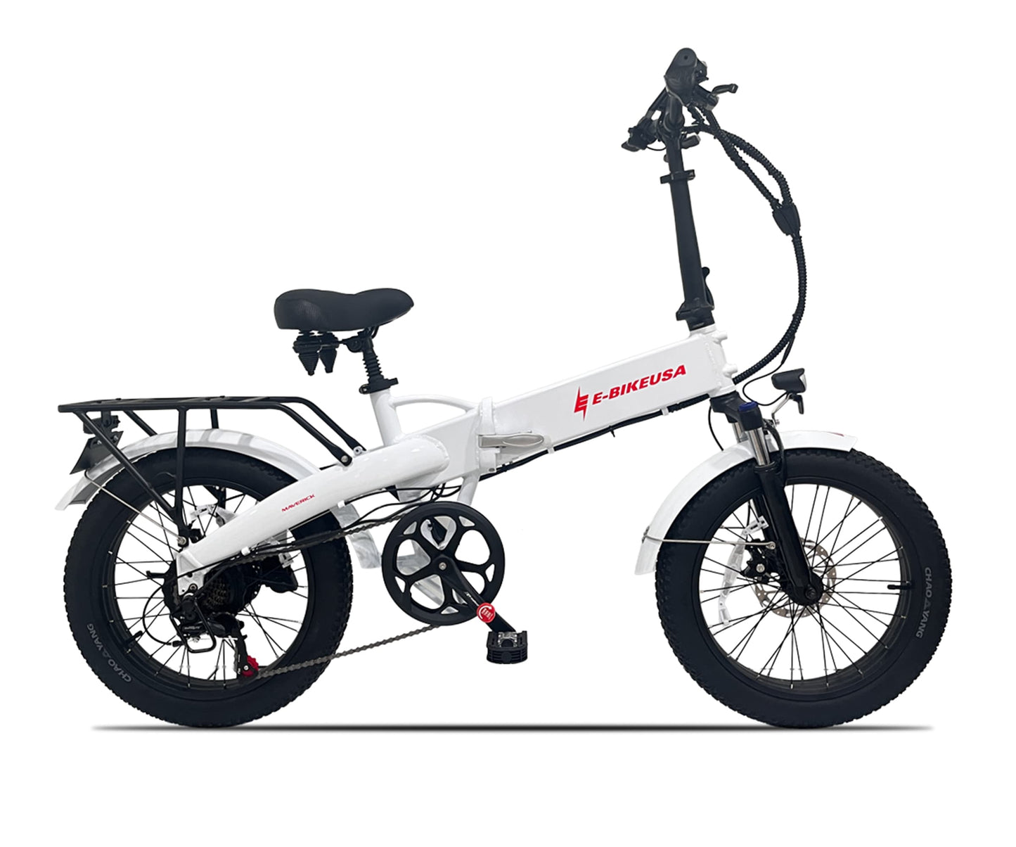 White electric bike with black wheels on a white background