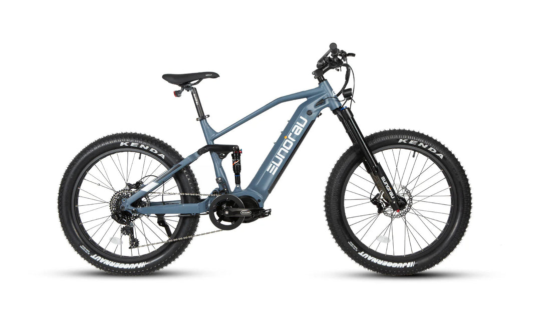 Eunorau Specter-S 3.0 X9 full-suspension fat tire electric bike in slate blue with Kenda Juggernaut tires and Bafang mid-drive motor against a white background.