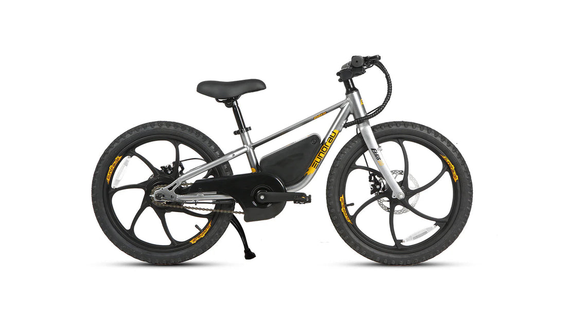 A side profile of the silver Eunorau EKIDS20 youth electric bike featuring integrated mag wheels and a custom frame-fitted battery box.