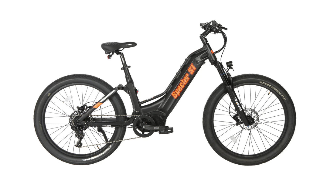 A profile view of a matte black Eunorau Specter-ST full-suspension electric mountain bike on a plain white background.