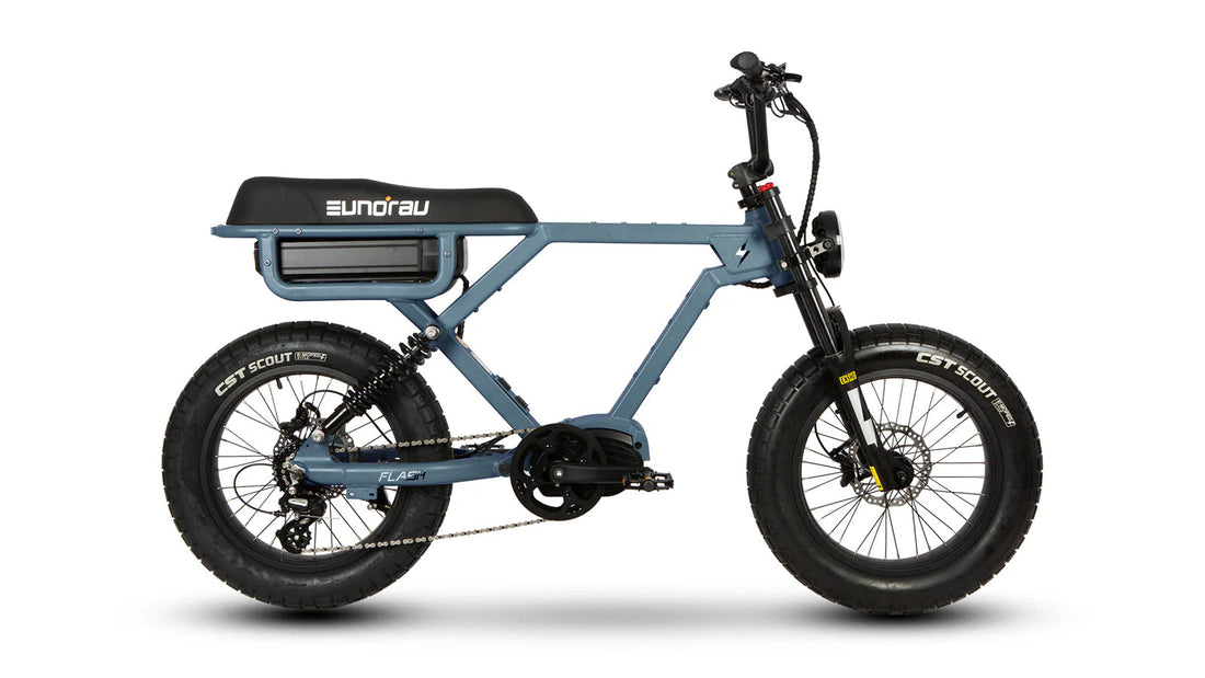 Side view of a blue Eunorau Flash moped-style electric bike with a mid-drive motor, dual suspension, and fat tires on a white background.