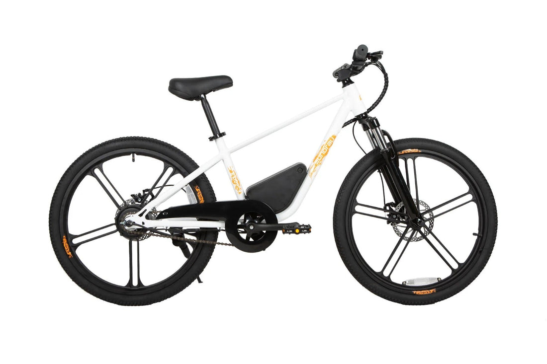 Profile view of the Eunorau EKIDS24 1.0 electric bike in white, featuring a front suspension fork, black mag wheels, and a frame-mounted battery pack against a plain white background.