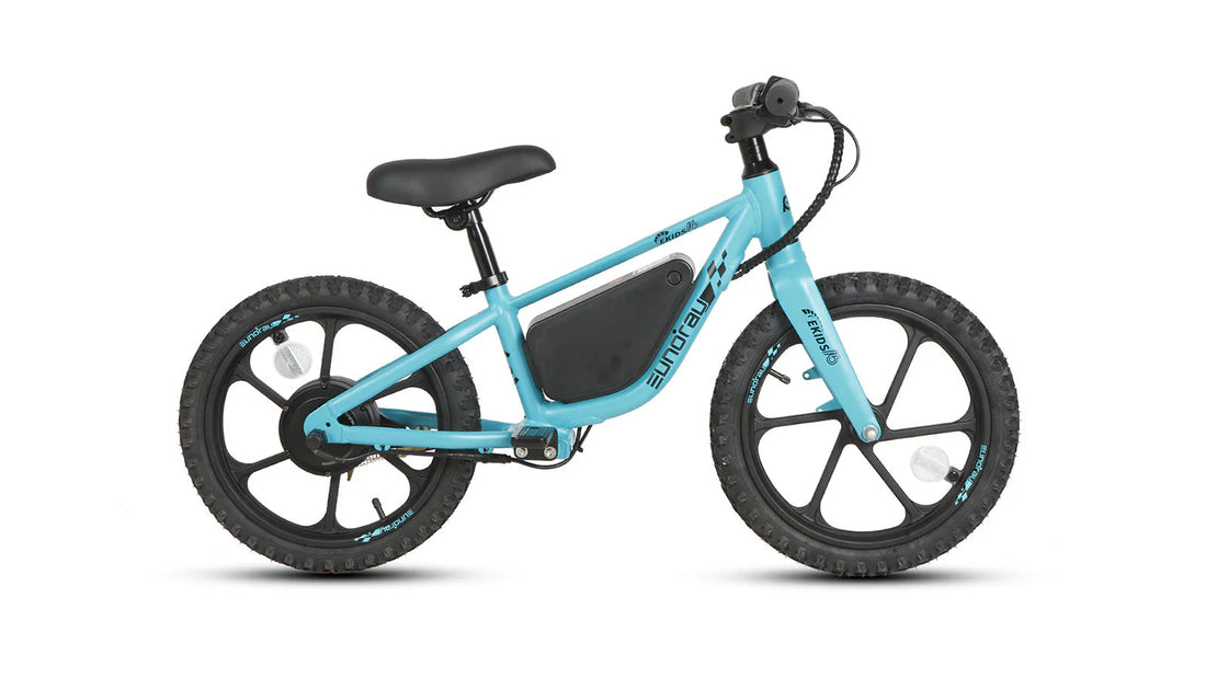 Light blue Eunorau EKIDS16 electric balance bike for kids, featuring a black center-mounted battery casing, 16-inch integrated mag wheels, knobby tires, and footpegs against a white background.