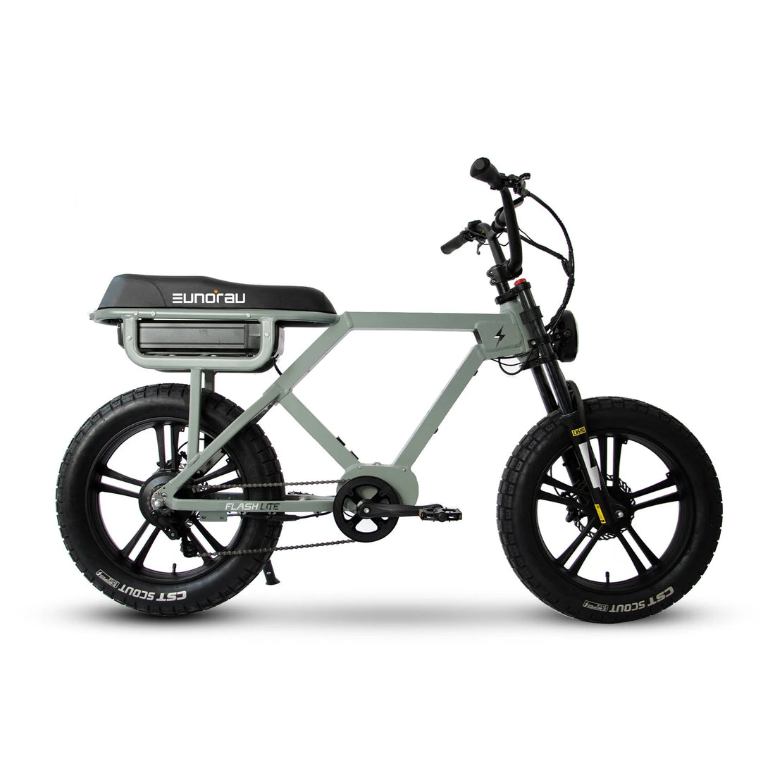 Profile view of a sage green Eunorau Flash Lite moped-style electric bike with black fat tires and a long bench seat on a white background.