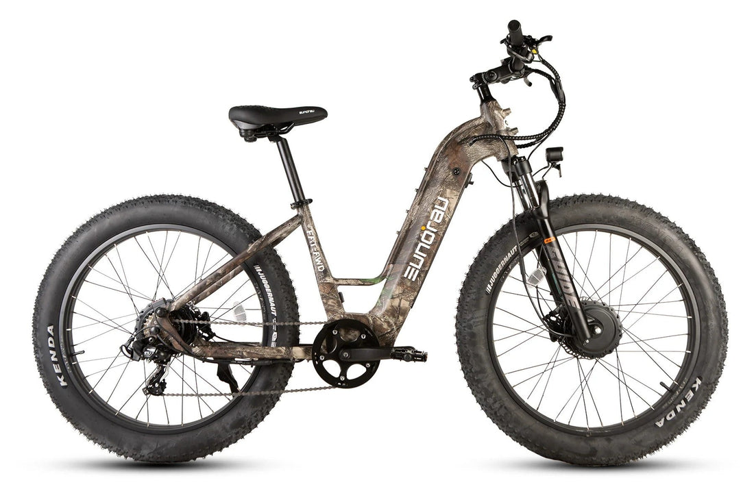 Profile view of a Eunorau FAT-AWD step-through electric bike featuring a camouflage frame pattern, large Kenda fat tires, and a front hub motor against a white background.