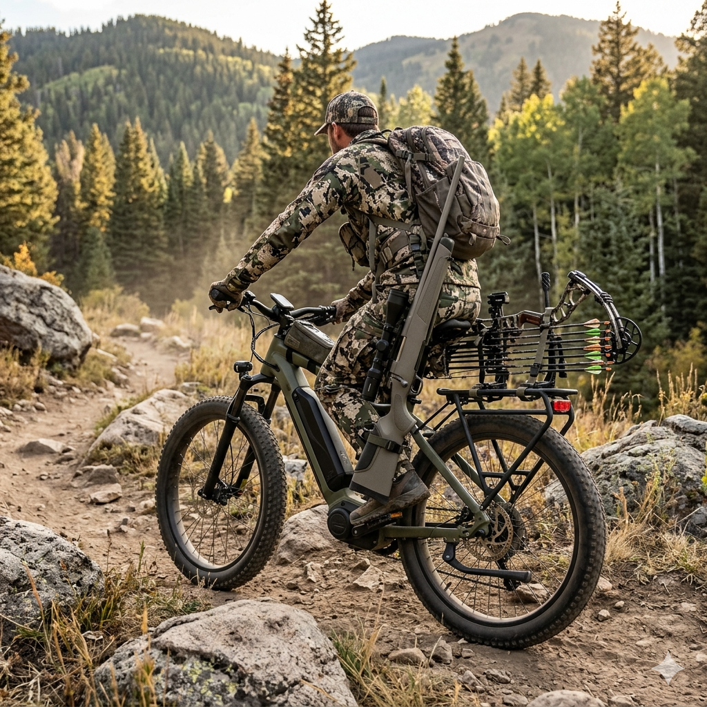 A hunter on an electric hunting bike navigates a rugged mountain trail.