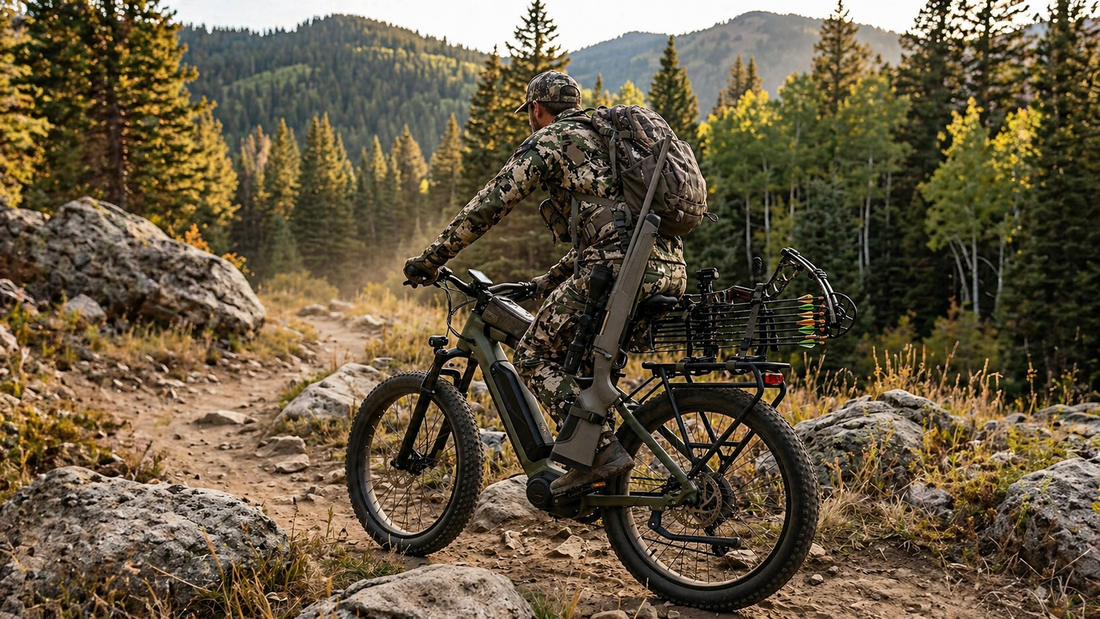Hunter riding an electric bike on a rugged mountain trail, carrying gear for backcountry travel