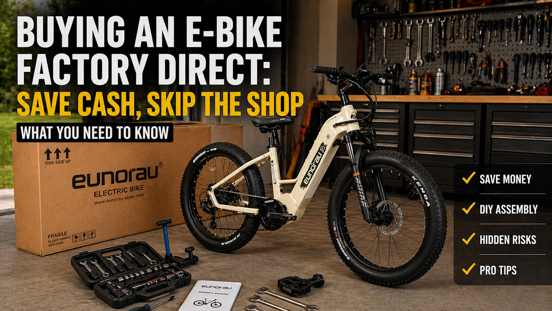 Electric bike with tools and packaging in a garage highlighting factory-direct buying and DIY assembly benefits.