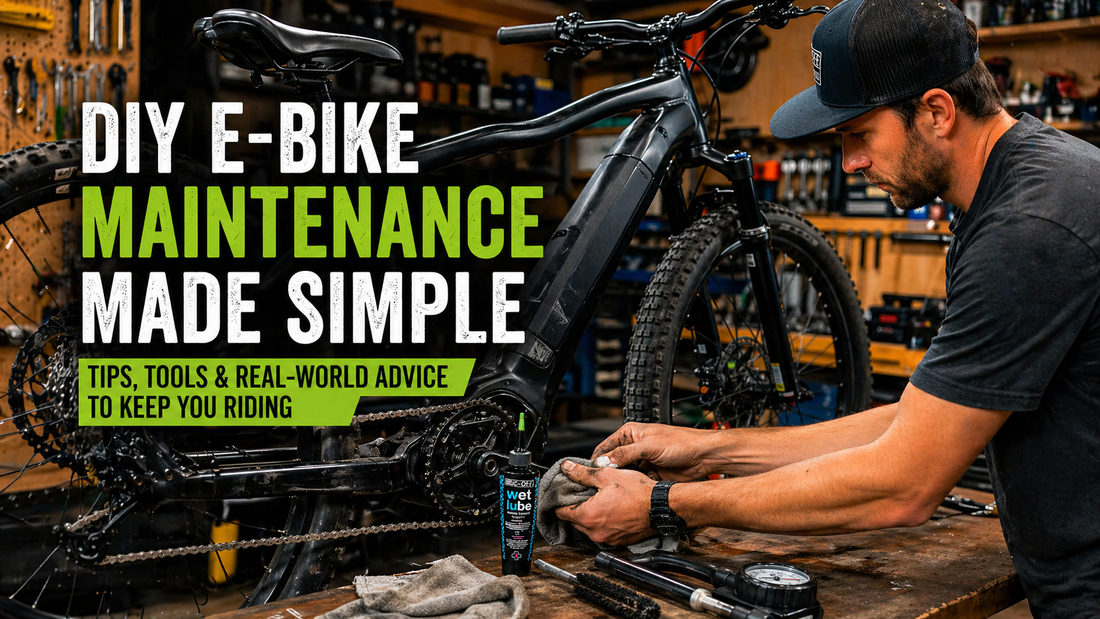Person cleaning and maintaining an e-bike drivetrain in a workshop with tools and maintenance supplies.
