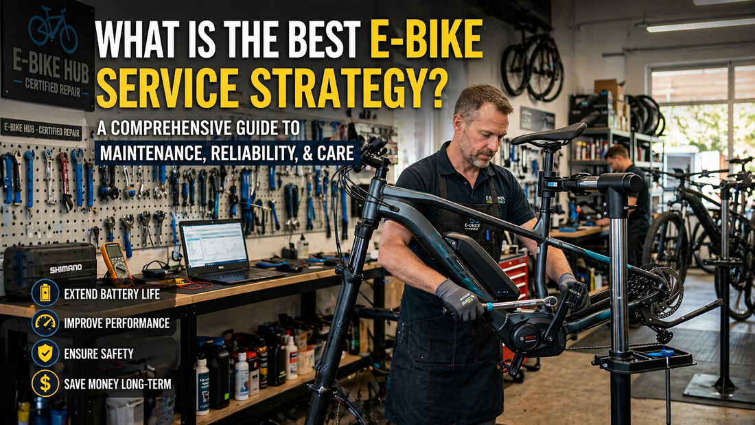 Technician servicing an e-bike in a workshop with tools and equipment, highlighting maintenance and service strategy.
