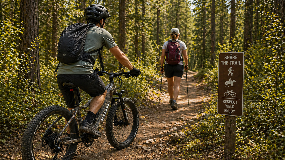 E-bike rider approaching a hiker on a forest trail beside a sign promoting shared trail etiquette and safety.