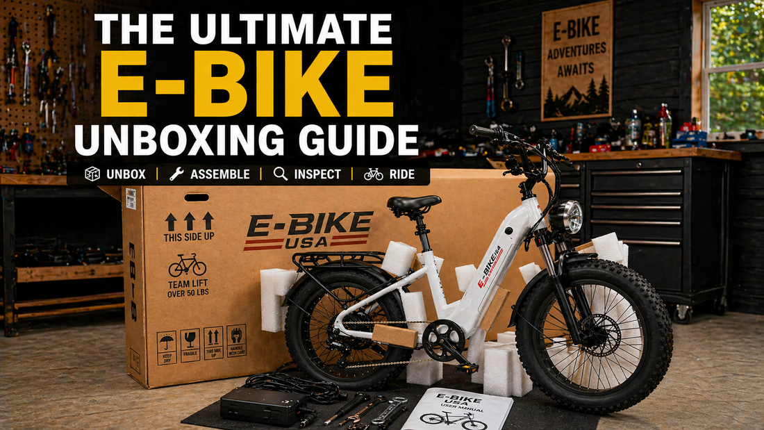 E-bike unboxing setup with tools and packaging, highlighting a step-by-step guide from unbox to ride.