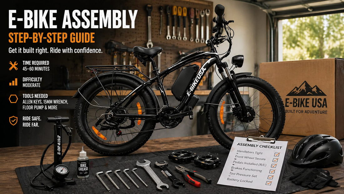 Realistic photo of an E-Bike USA electric bike on a workbench with tools and an assembly checklist in a clean garage setup.