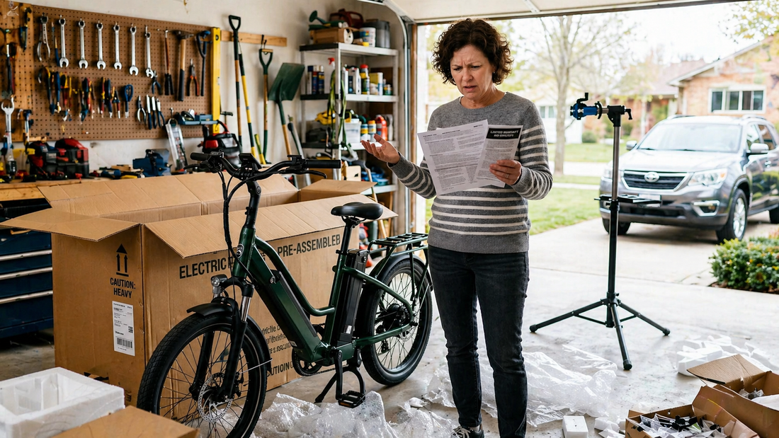 Person in a garage reading e-bike assembly instructions beside a newly unboxed electric bike and packaging materials.