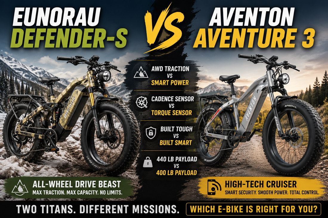 Side-by-side comparison of the EUNORAU Defender-S and Aventon Aventure 3 fat tire electric bikes, highlighting AWD traction, torque sensor technology, payload capacity, and off-road performance features.