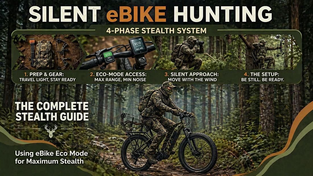 Camouflaged rider on an electric bike moving quietly through a forest, illustrating stealth hunting techniques.
