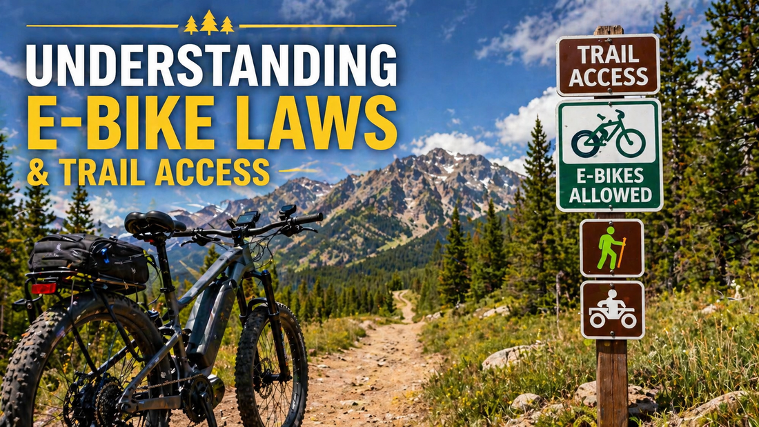 E-bike parked beside a trail access sign indicating allowed use on a scenic mountain path under clear skies.