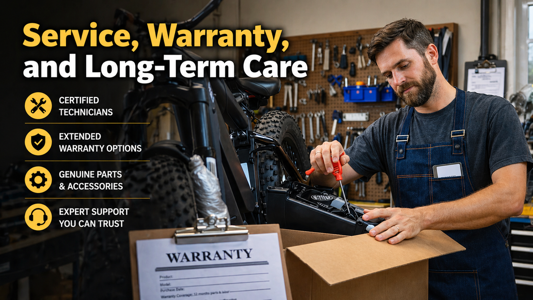 Bike technician working on an e-bike battery in a workshop with tools, highlighting service, warranty, and long-term care.