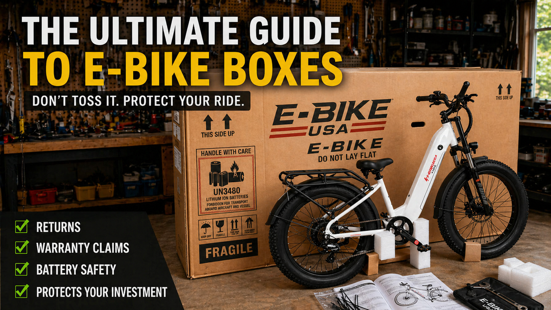 Unboxed eBike with original packaging, foam inserts, and large shipping box showing handling labels in a garage setup.