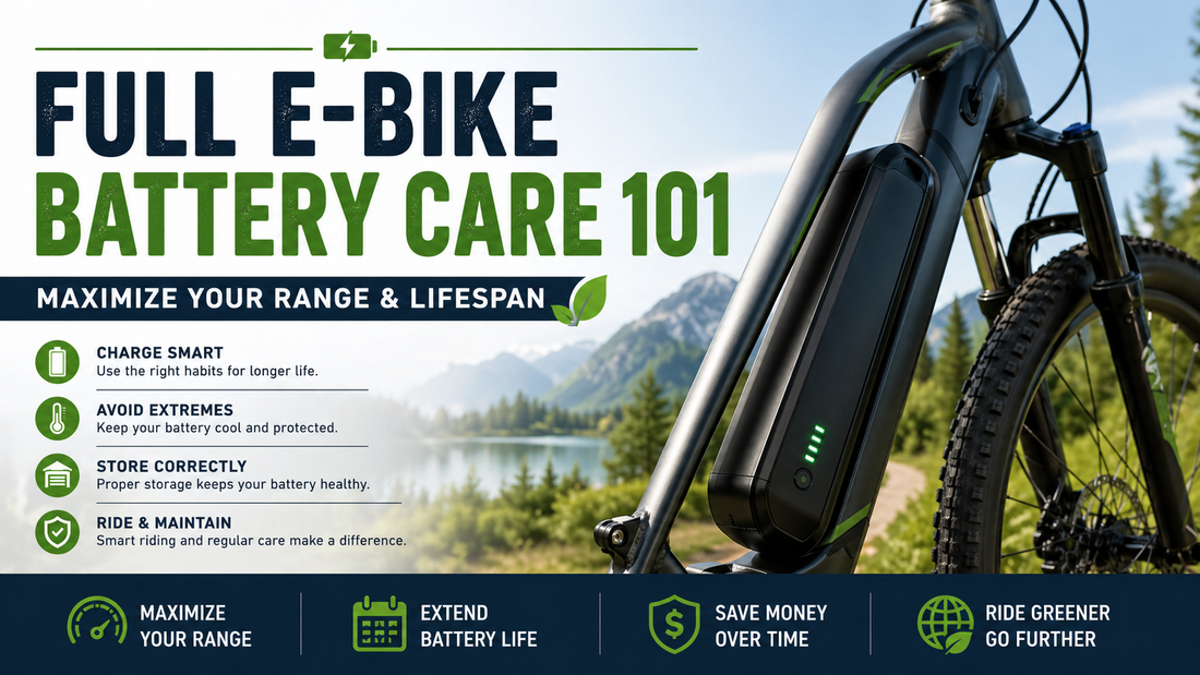 E-bike battery care infographic showing a mounted battery with tips to maximize range, lifespan, and performance.