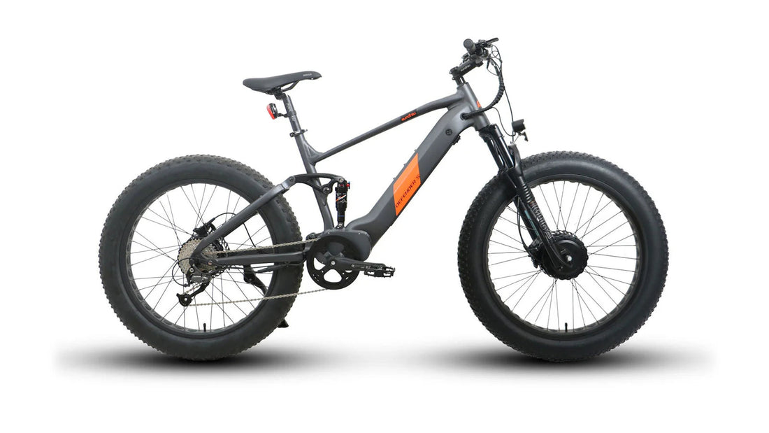 Eunorau Defender-S full-suspension electric fat bike in matte grey and orange, featuring a mid-drive motor and dual-battery frame design on a white background.