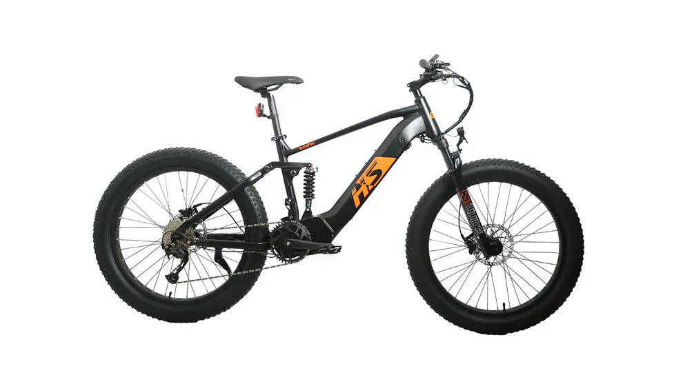Eunorau FAT-HS X8 dual battery full-suspension electric bike in matte black with orange HS logo lettering, featuring all-terrain fat tires and a mid-drive motor on a white background.