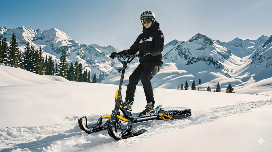 A rider wearing a helmet and winter gear riding a black and yellow Eunorau ICEX 1.0 electric snow scooter with dual front sleds and a rear caterpillar track across a snowy mountain landscape.