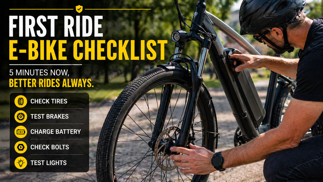 Person checking an e-bike’s front wheel and components outdoors with a first-ride safety checklist overlay.