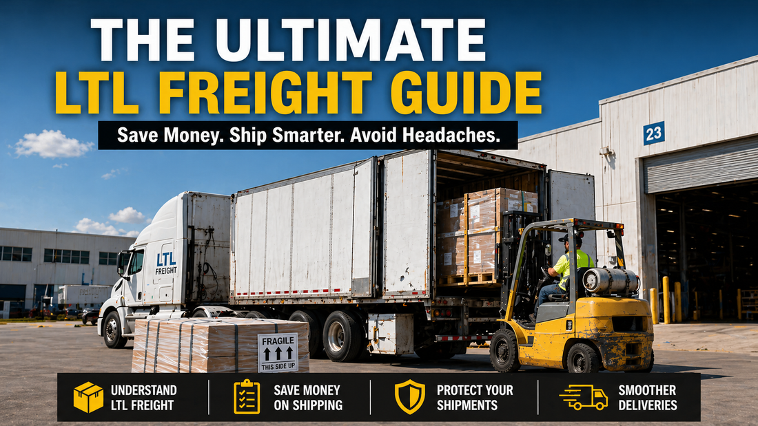Forklift loading pallets into an LTL freight truck with headline promoting a guide to saving money and shipping smarter.