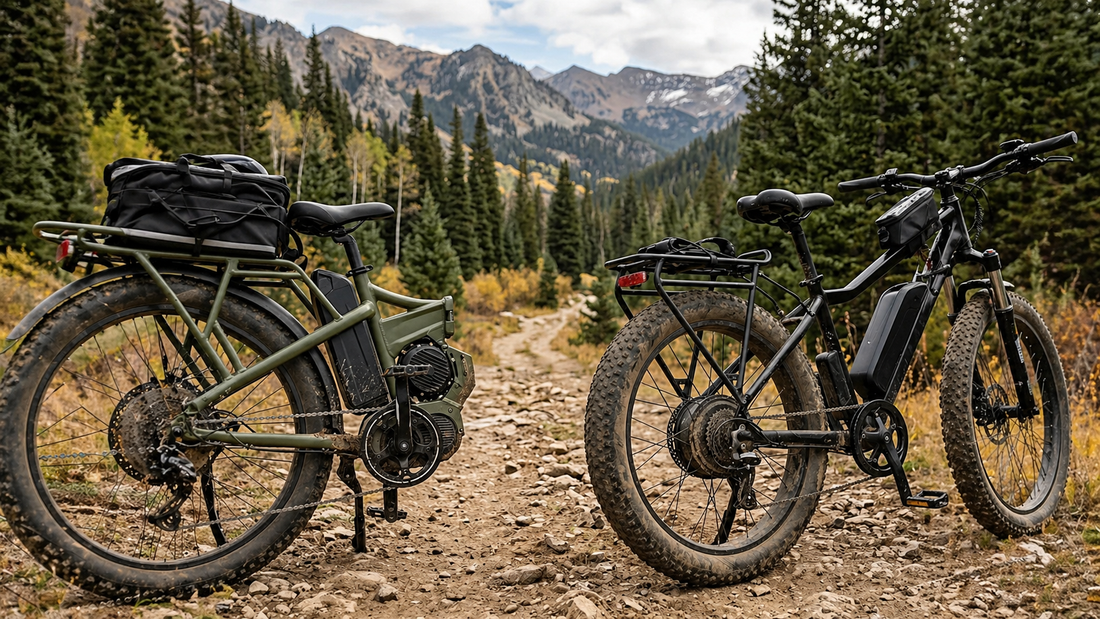 Two off-road e-bikes parked on a rugged mountain trail, highlighting different motor setups in a scenic outdoor landscape.