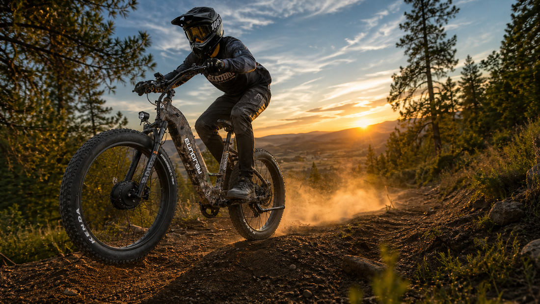 Rider on a high-powered e-bike kicking up dust on a rugged dirt trail at sunset on private land.