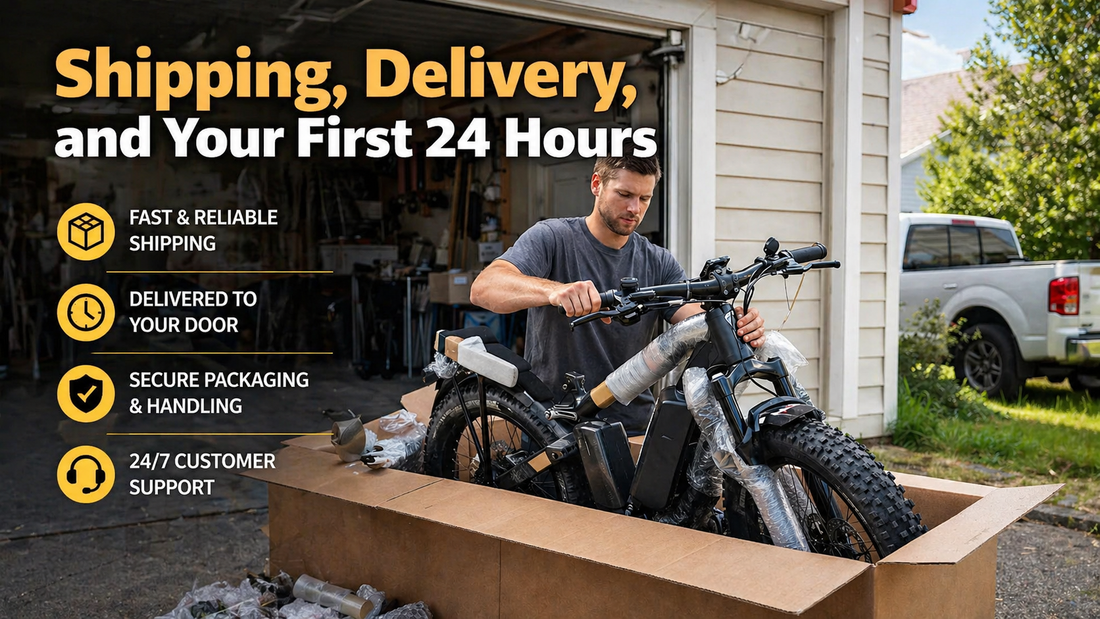 Person unboxing and assembling an e-bike in a driveway, highlighting shipping, delivery, and first-day setup.
