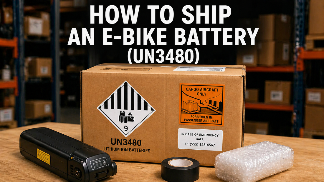 Box labeled UN3480 lithium-ion batteries with e-bike battery and packing materials for safe shipping.