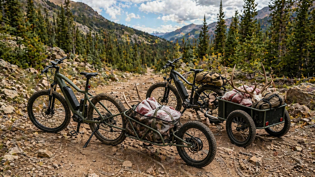 Two off-road e-bikes with cargo trailers loaded on a rugged mountain trail, showcasing backcountry hauling capability.