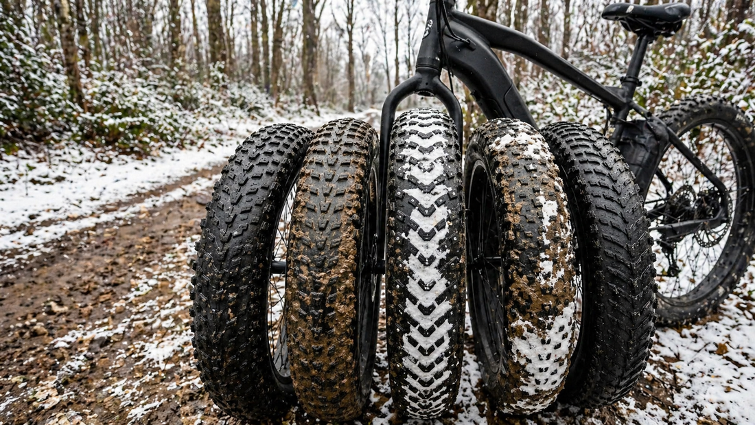 Fat bike tires with different tread patterns shown on a snowy trail, highlighting performance for mud and winter riding.
