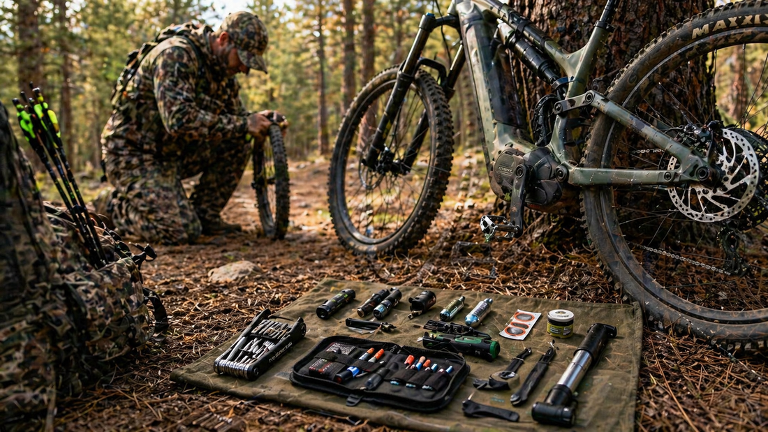 Hunter repairing an e-bike on a forest trail with a neatly organized trailside repair kit spread on the ground.