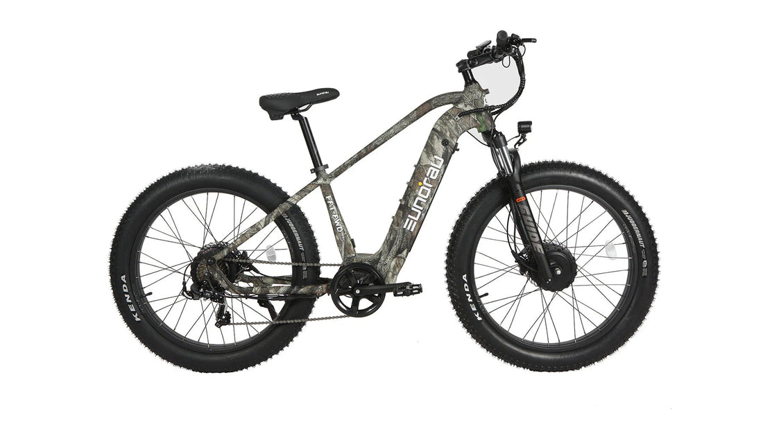 Side view of a Eunorau FAT-AWD electric bike featuring a camouflage pattern frame, large black Kenda fat tires, a front suspension fork, and a dual hub motor setup against a plain white background.