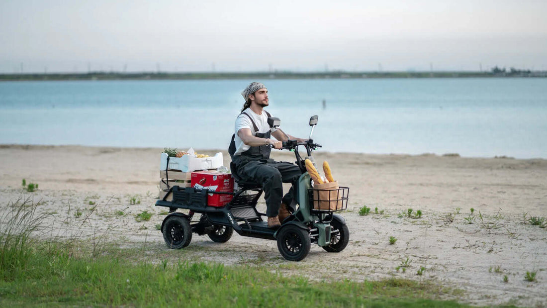 Person riding a three-wheeled vehicle on a beach with a body of water in the background.