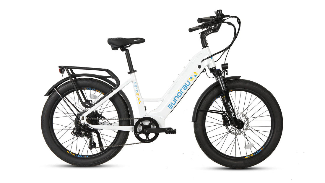 White Eunorau META24 electric commuter bike with a step-through frame, front suspension fork, rear cargo rack, and wide tires, isolated on a white background.