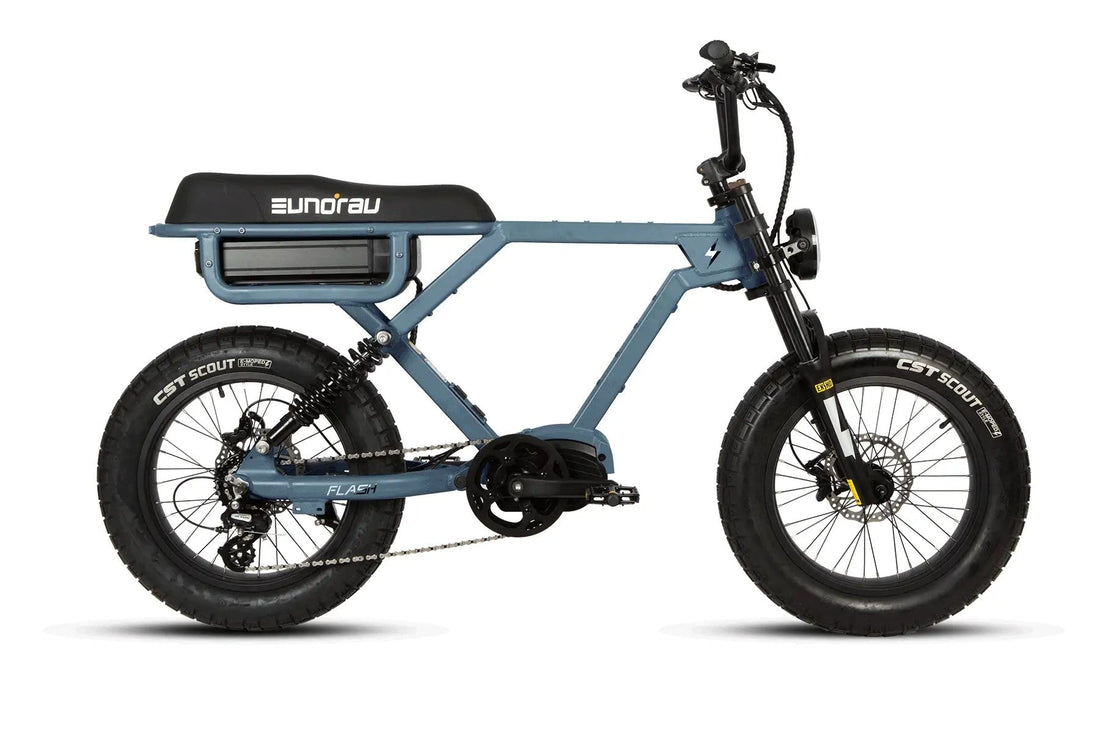 Side view of a blue Eunorau FLASH moped-style electric bike against a plain white background.