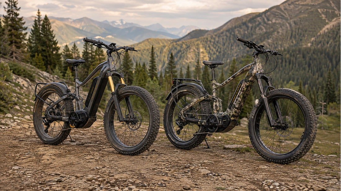 Two off-road fat-tire e-bikes on a trail, comparing mid-drive and dual-motor systems.