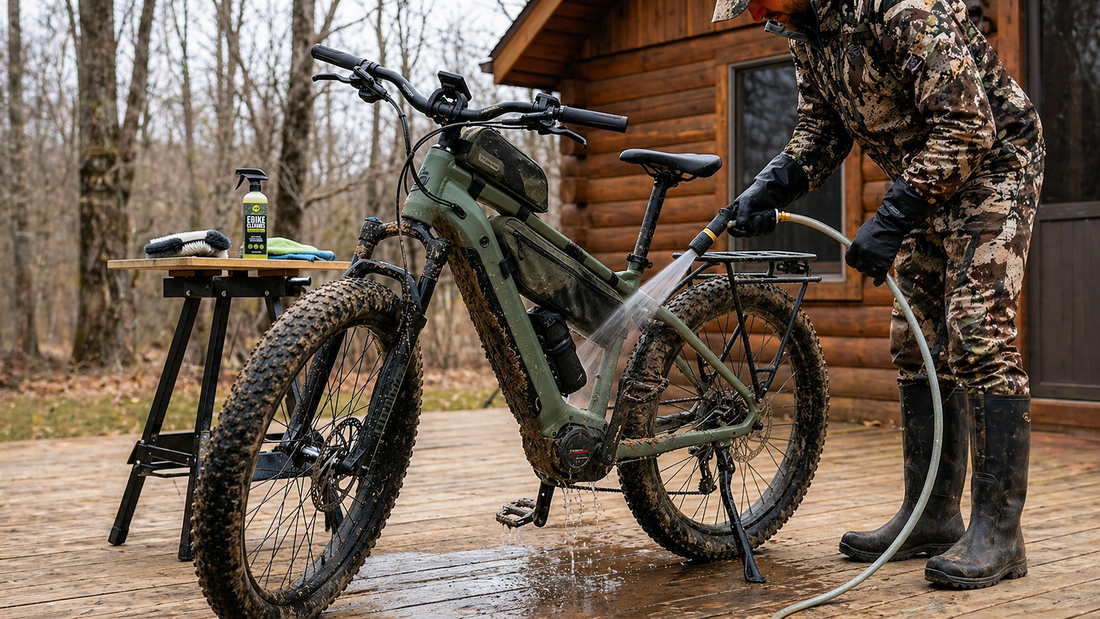 Person rinsing a muddy electric bike with a hose on a wooden deck outside a cabin.