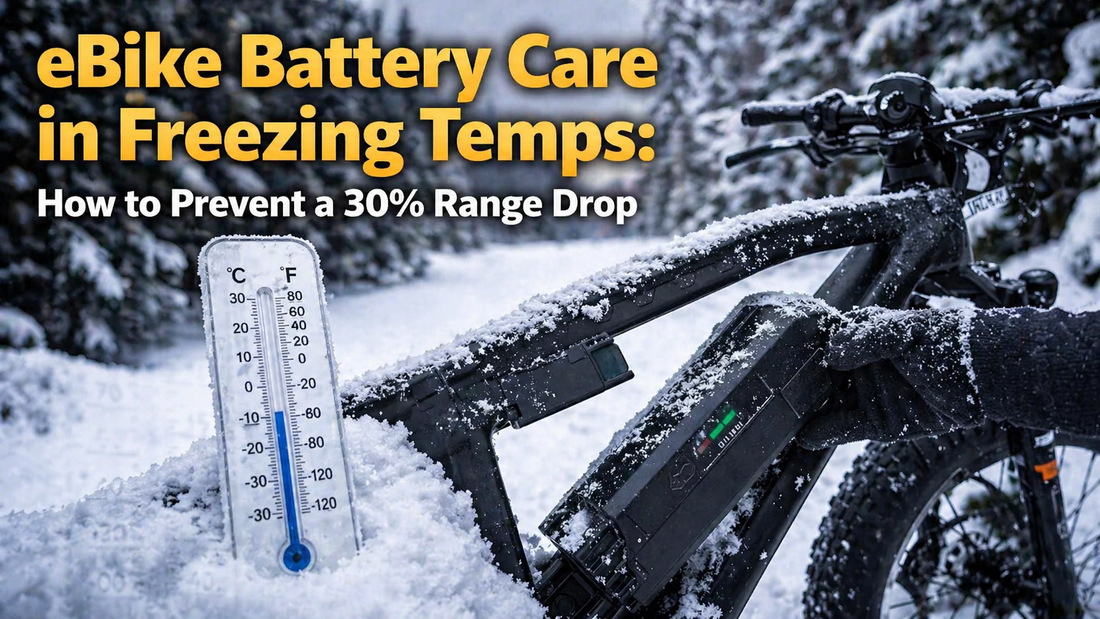 **Alt text:** “E-bike battery covered in snow beside a thermometer in freezing conditions, illustrating cold-weather battery care and range impact.”