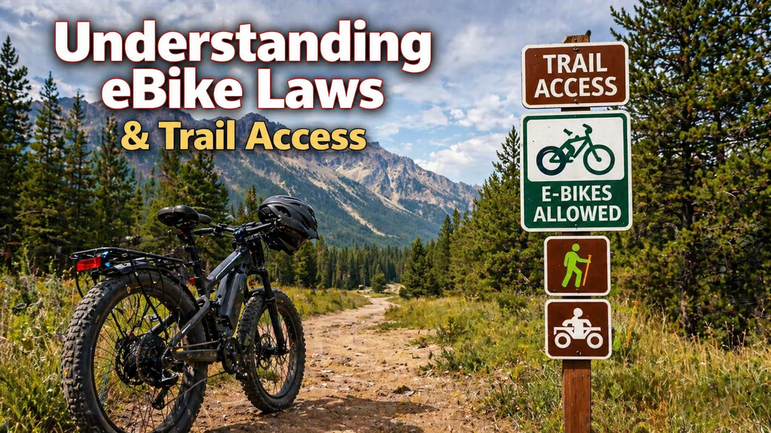 E-bike parked beside a trail access sign on a mountain path, illustrating where e-bikes are allowed under local trail laws.