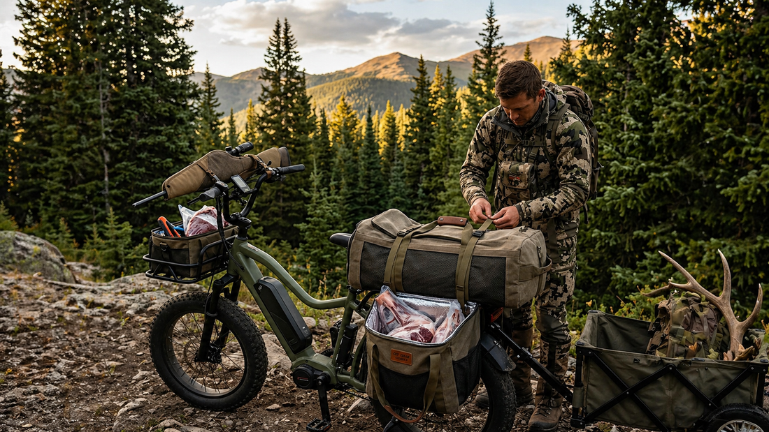 Hunter organizing gear on a loaded electric bike in a mountain forest, showcasing backcountry hauling and e-bike utility.