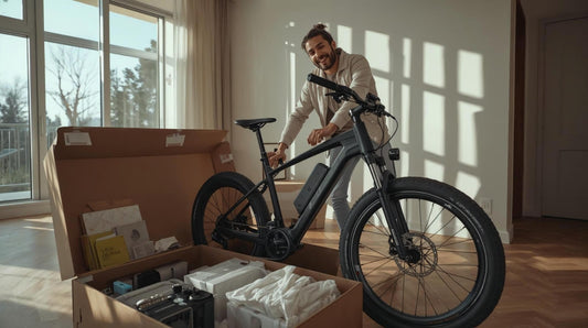 Off-road eBike owners guide, man unboxing and assembling a new electric bike at home.
