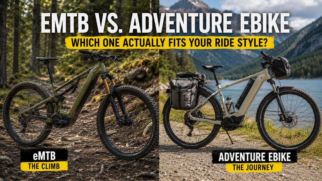 Realistic split-scene image comparing an eMTB on a rocky forest trail and an adventure eBike beside a mountain lake with travel gear attached.