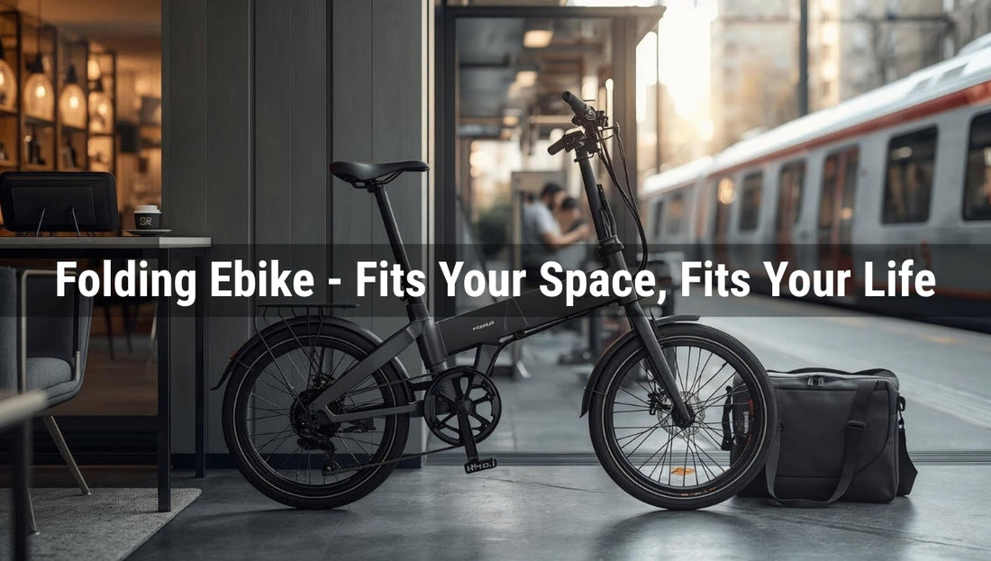 Black folding electric bike at train station showing compact folding ebike portability for urban commuters.