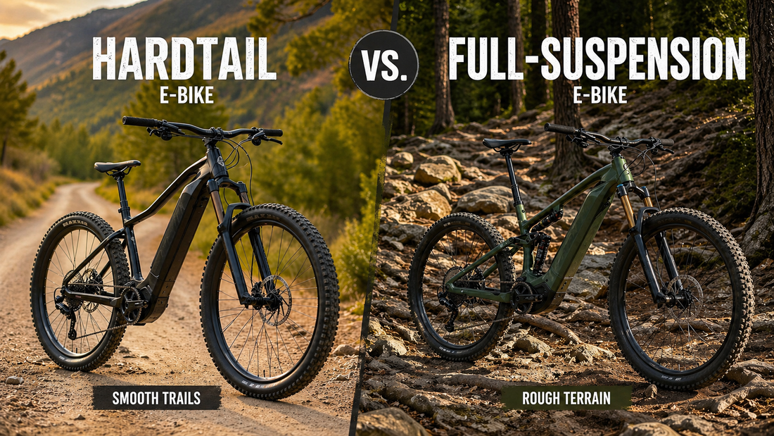 Two electric mountain bikes—a hardtail and a full-suspension—parked on smooth and rocky trails to compare ride conditions.