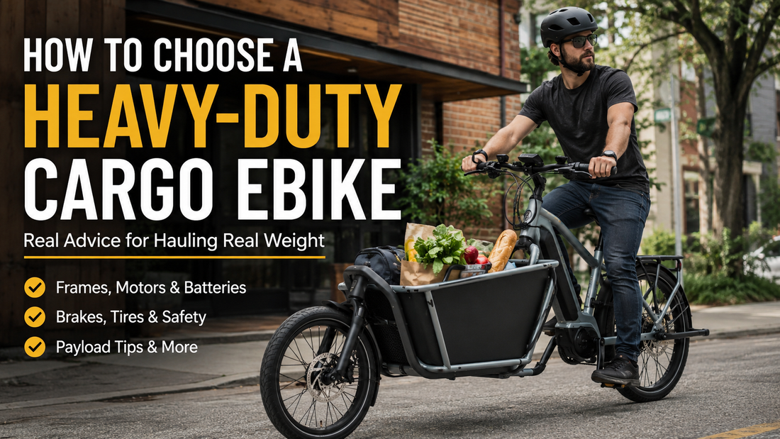 Realistic front-loader cargo eBike carrying groceries on a city street with bold text about choosing a heavy-duty cargo eBike.